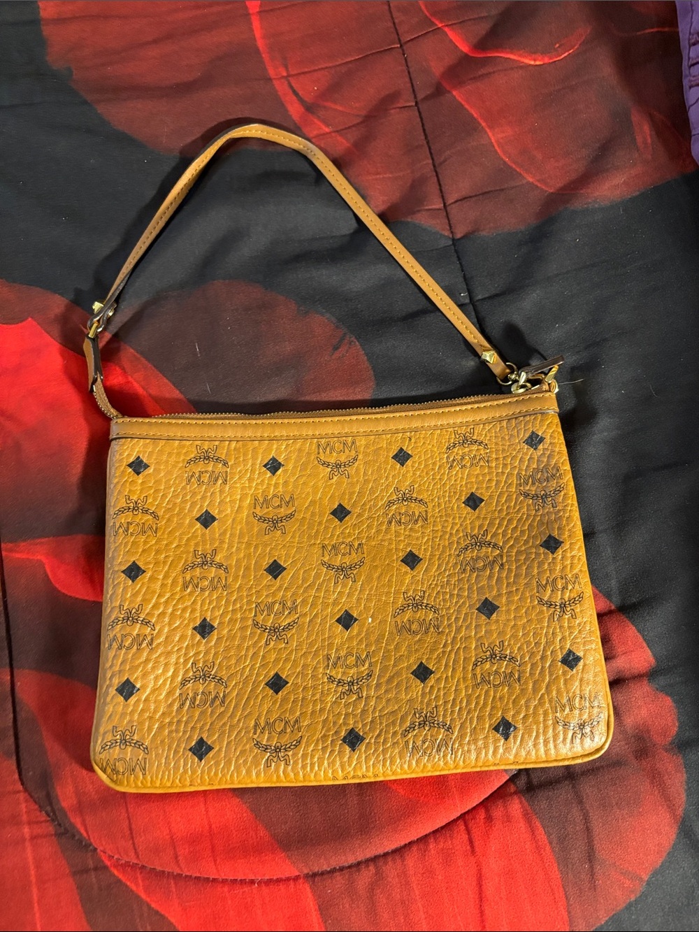 MCM Cognac Visetos Logo Wristlet Clutch